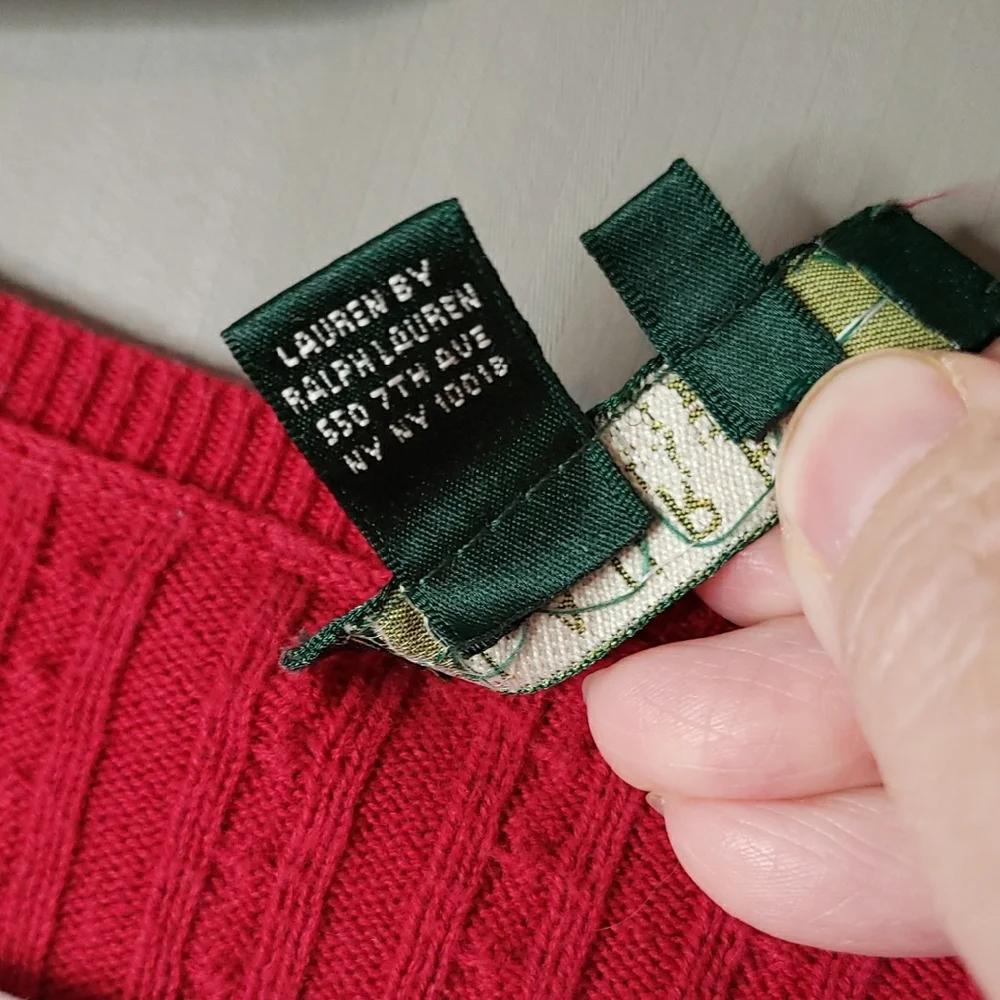 Lauren Ralph Lauren Sweater Cable Knit V-neck Petite Cotton Red Classy Medium PM